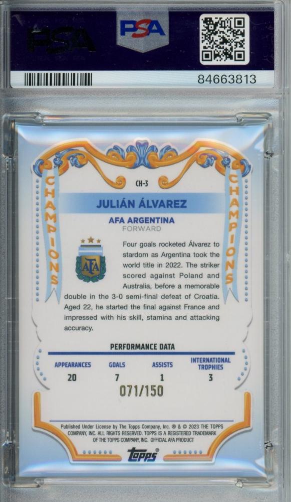2023 Topps Argentina Fileteado Julian Alvarez Champions Yellow Tango71/150PSA10 Argentina