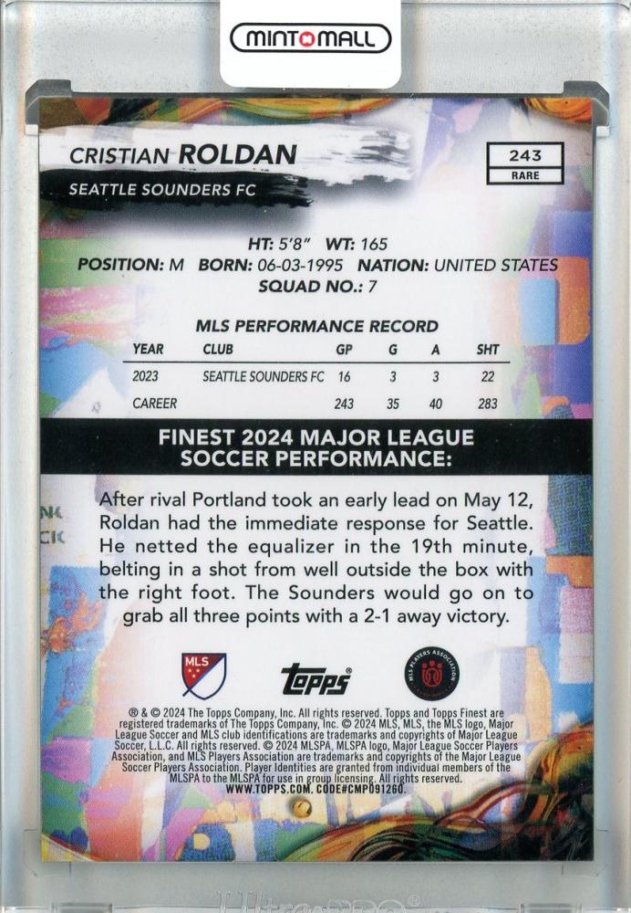 2024 Topps Finest MLS Cristian Roldan Black Refractors #2435/7 Seattle Sounders FC
