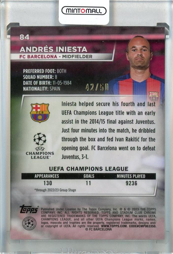 2022-23 Stadium Club Chrome Andres Iniesta Gold Refractors #8442/50 Damage FC Barcelona