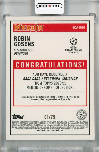 2020-21 Topps Merlin Chrome UEFA Champions League Europa League Robin Gosens Chrome Autographs Blue Refractor #BCA-RGO01/75 First