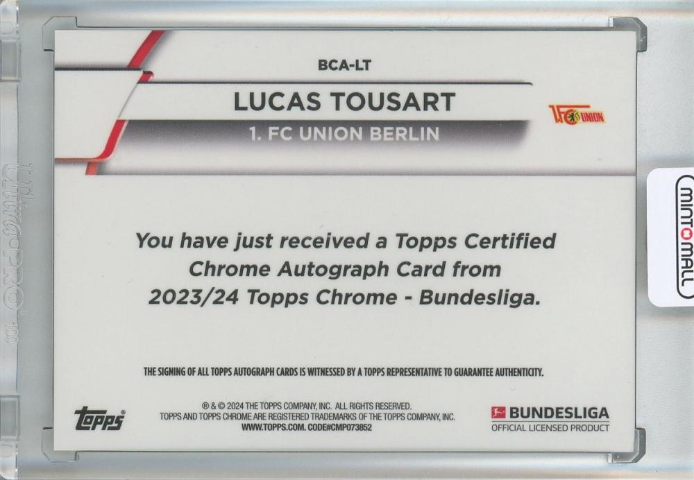 2023-24 TOPPS CHROME BUNDESLIGA SOCCER Lucas Tousart Base Autographs/#BCA-LT 1. FC Union Berlin