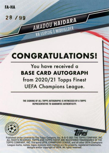 2020-21 Topps Finest UEFA Champions League Amadou Haidara Neon Green Refractors rookie trading card #28/99