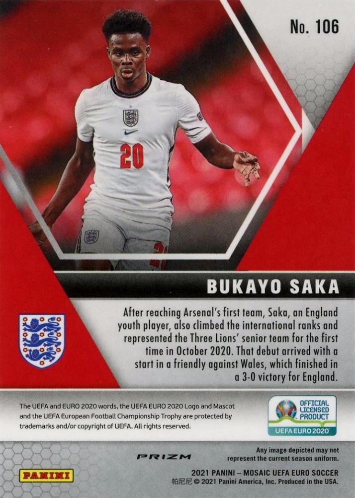 2020-21 Panini Mosaic UEFA Euro Bukayo Saka Silver #106 trading card featuring Bukayo Saka