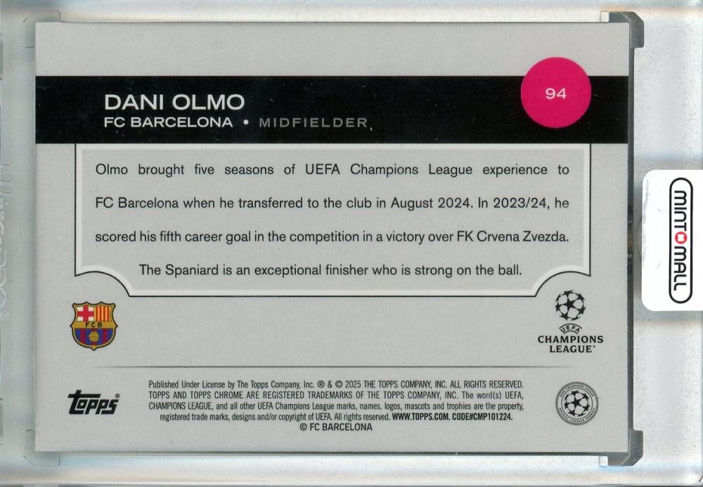 2024-25 Topps Chrome UEFA Club Competitions Dani Olmo Aqua Prism Refractors #94051/199 FC Barcelona