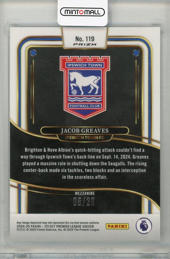 2024-25 PANINI SELECT PREMIER LEAGUE Jacob Greaves White Prizm #119 RC05/20 Ipswich Town FC