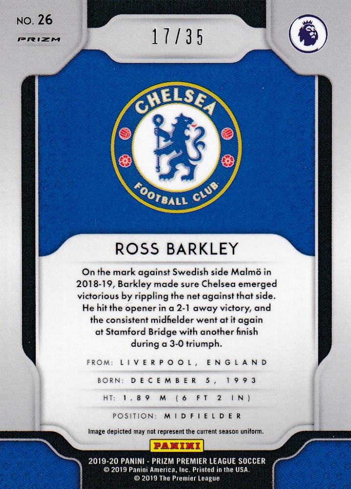 2019-20 Panini Prizm Premier League Breakaway Chelsea FC Ross Barkley Base Teal card serial 17 of 35