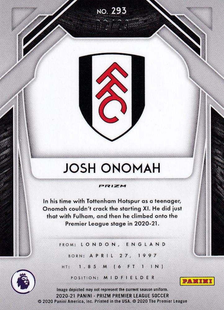 2020-21 Panini Prizm Premier League Choice Fulham Josh Onomah Base Red parallel card serial 02/29