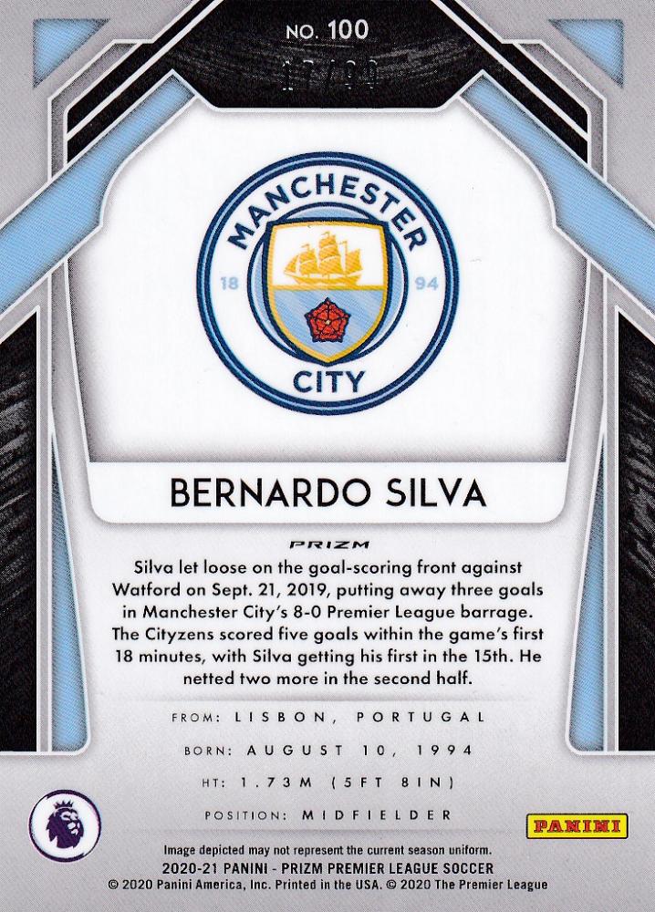 2020-21 Panini Prizm Premier League Bernardo Silva Manchester City purple base parallel card numbered 17 of 99