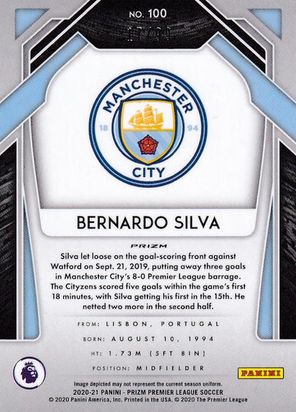 2020-21 Panini Prizm Premier League Bernardo Silva Manchester City purple base parallel card numbered 17 of 99