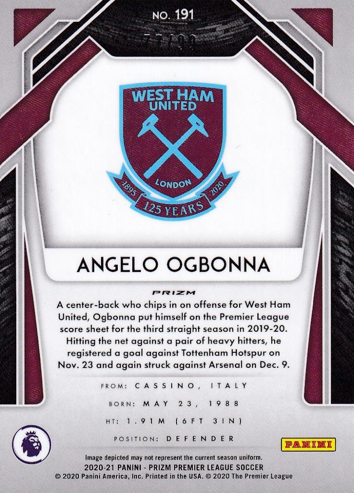 2020-21 Panini Prizm Premier League trading card of West Ham United Angelo Ogbonna purple parallel numbered 77 out of 99