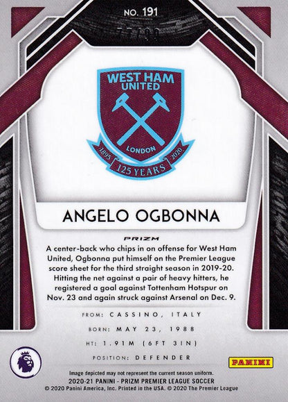 2020-21 Panini Prizm Premier League trading card of West Ham United Angelo Ogbonna purple parallel numbered 77 out of 99