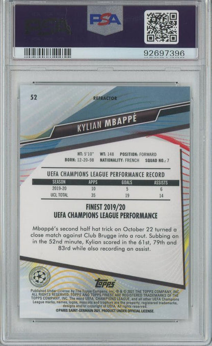 2020-21 Topps Finest UEFA Champions League Soccer Kylian Mbappé Base/Refractor/#52PSA10 Paris Saint-Germain