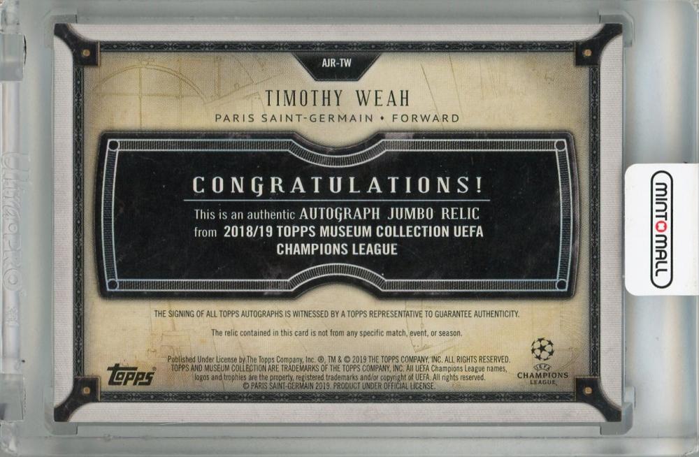 2018-19 Topps Museum Collection UEFA Champions League Timothy Weah Autograph Jumbo Relics #AJR-TW 42/45 Paris Saint-Germain