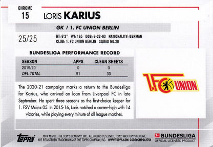 2020-21 Topps Chrome Bundesliga Loris Karius Union Berlin football trading card orange border 25 of 25