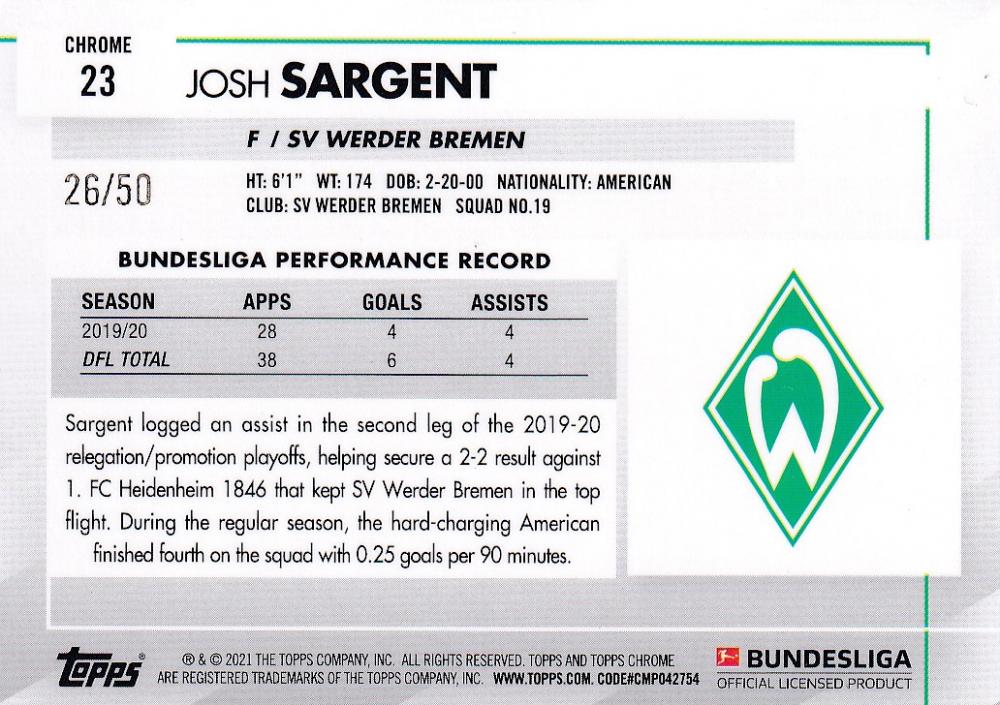 2020-21 Topps Chrome Bundesliga Josh Sargent SV Werder Bremen Base Gold parallel card numbered 26 of 50