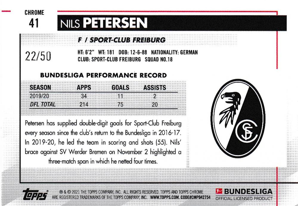 2020-21 Topps Chrome Bundesliga Nils Petersen Sport-Club Freiburg Gold Parallel card serial number 22 of 50