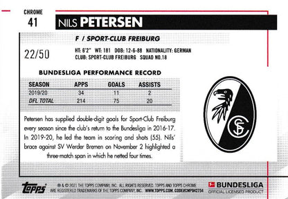 2020-21 Topps Chrome Bundesliga Nils Petersen Sport-Club Freiburg Gold Parallel card serial number 22 of 50
