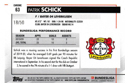 2020-21 Topps Chrome Bundesliga trading card of Patrik Schick Bayer 04 Leverkusen Base Gold Parallel 18 out of 50