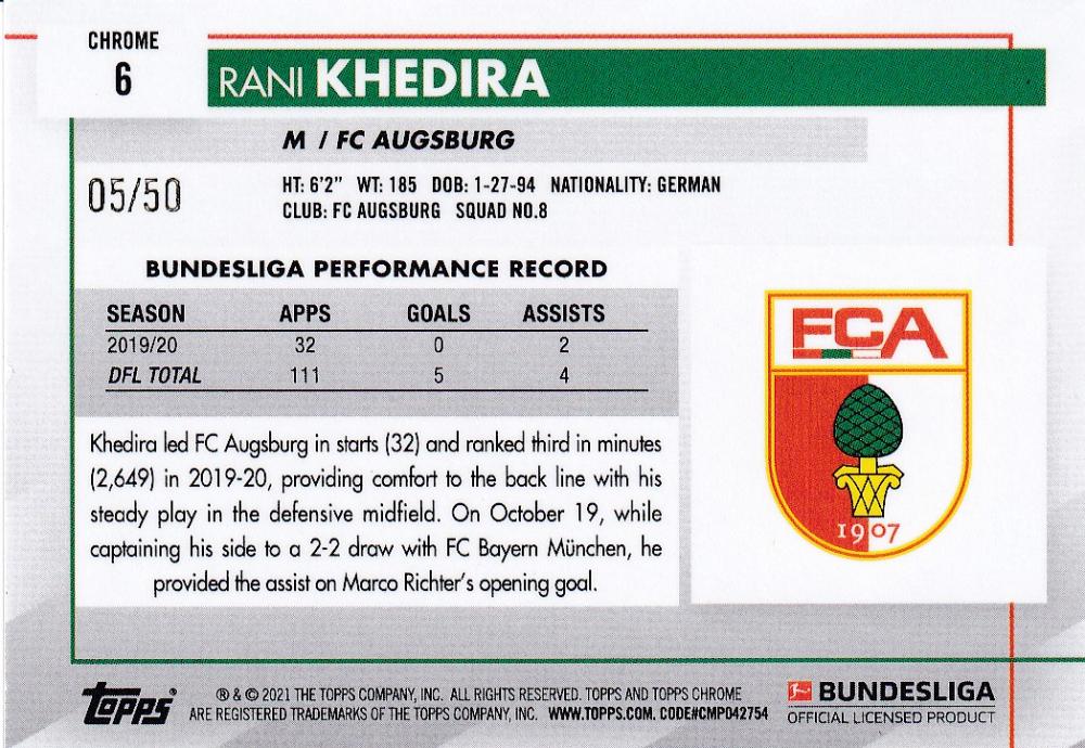 2020-21 Topps Chrome Bundesliga FC Augsburg player Rani Khedira Gold Wave parallel card numbered 05 of 50