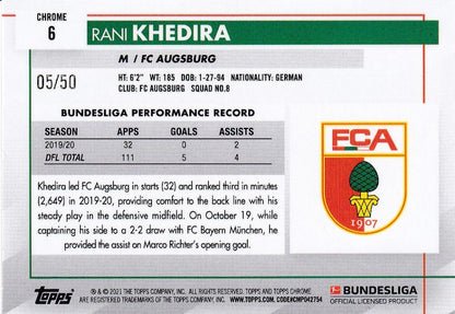 2020-21 Topps Chrome Bundesliga FC Augsburg player Rani Khedira Gold Wave parallel card numbered 05 of 50