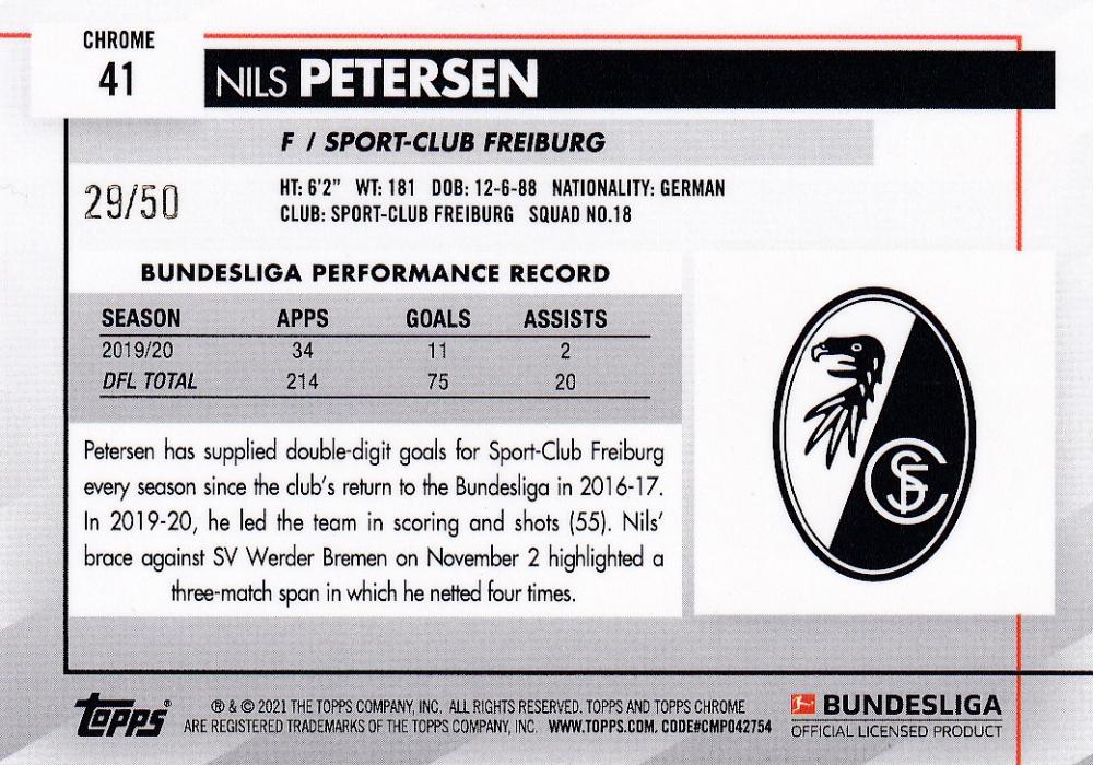 2020-21 Topps Chrome Bundesliga Nils Petersen Sport-Club Freiburg Gold Wave parallel card numbered 29 of 50