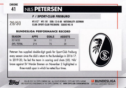 2020-21 Topps Chrome Bundesliga Nils Petersen Sport-Club Freiburg Gold Wave parallel card numbered 29 of 50