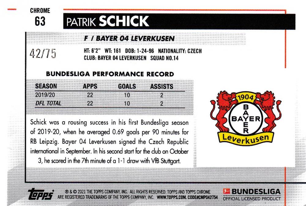 2020-21 Topps Chrome Bundesliga Patrik Schick Bayer 04 Leverkusen Base Pink Wave Parallel card number 42/75