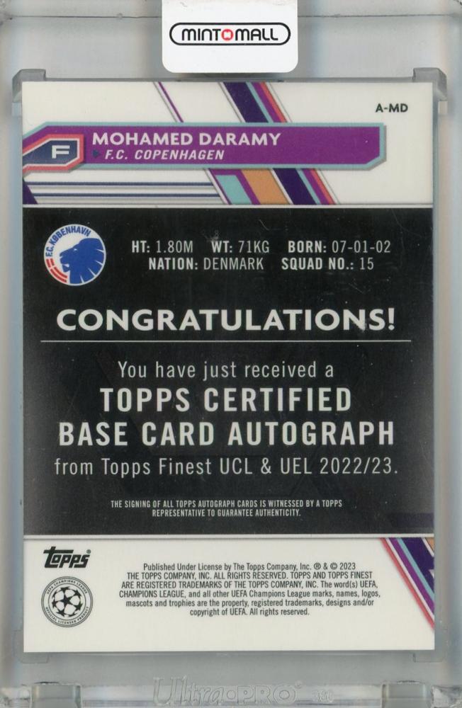 2022-23 Topps Finest UEFA Club Competitions Mohamed Daramy Base Autographs Blue #A-MD098/150 F.C. Copenhagen *back stain*