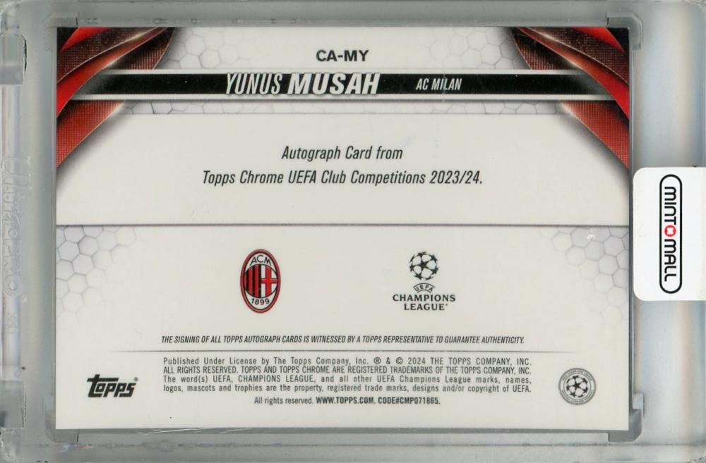 2023-24 Topps Chrome UEFA Club Competitions Yunus Musah Autographs #CAMY AC Milan - Back ink stain