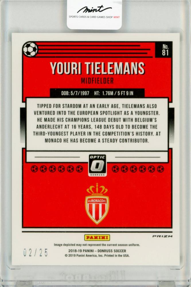 2018-19 Panini Donruss Optic Youri Tielemans Black Velocity trading card serial numbered 2 out of 25