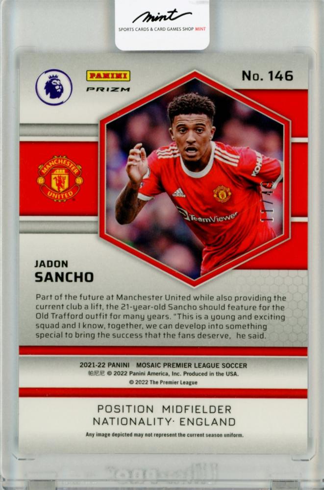 2021-22 Panini Mosaic Premier League Jadon Sancho Purple Prizm trading card numbered 11 of 49