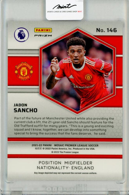 2021-22 Panini Mosaic Premier League Jadon Sancho Purple Prizm trading card numbered 11 of 49