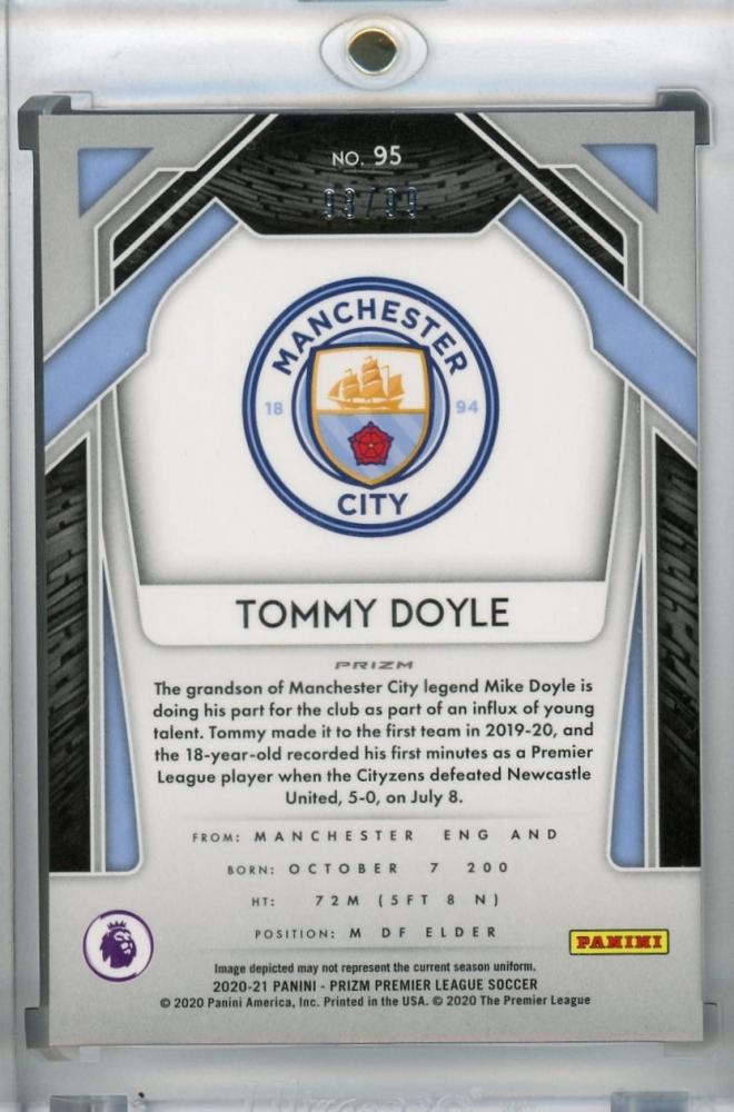 2020-21 Panini Prizm Premier League Manchester City Tommy Doyle Base Purple Parallel trading card numbered 93 of 99