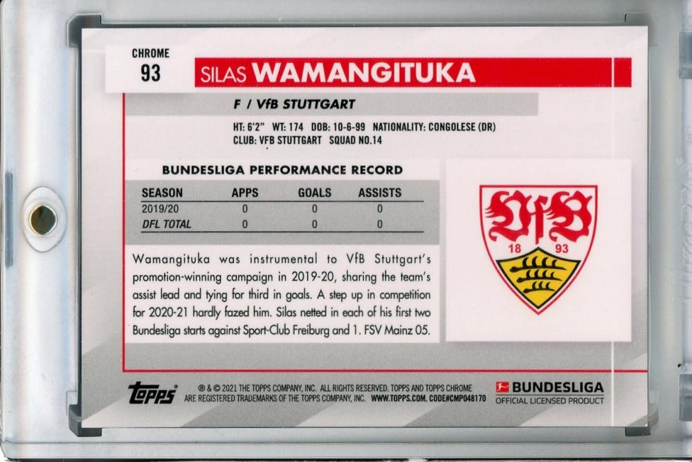 2020-21 Topps Chrome Sapphire Edition trading card of Silas Wamangituka from VfB Stuttgart Bundesliga team
