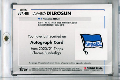 2020-21 Topps Chrome Bundesliga Hertha Berlin Javairo Dilrosun Autographs trading card