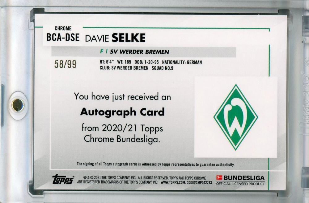 2020-21 Topps Chrome Bundesliga Davie Selke SV Werder Bremen Green Parallel trading card numbered 58 of 99