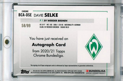 2020-21 Topps Chrome Bundesliga Davie Selke SV Werder Bremen Green Parallel trading card numbered 58 of 99