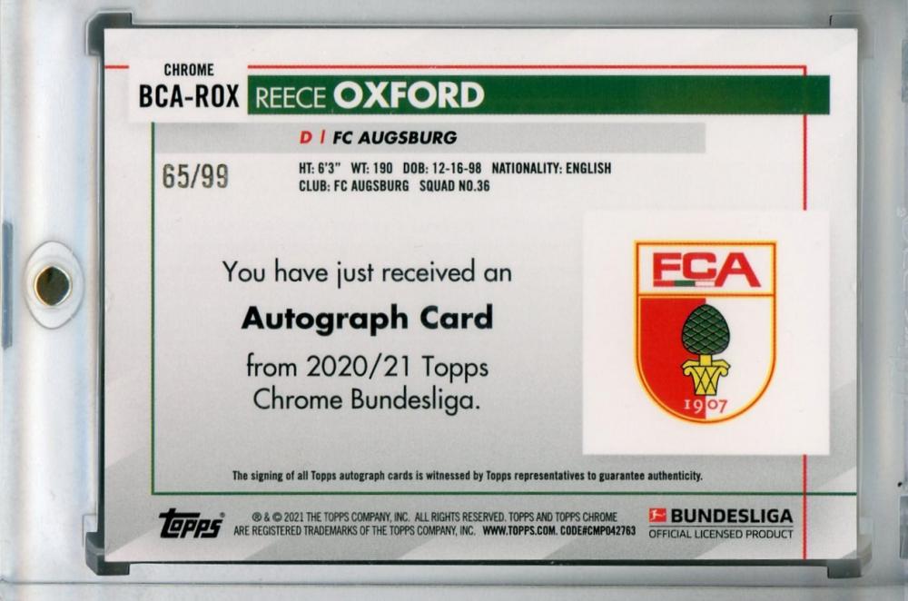 2020-21 Topps Chrome Bundesliga FC Augsburg Reece Oxford Green Parallel autograph card numbered 65 of 99