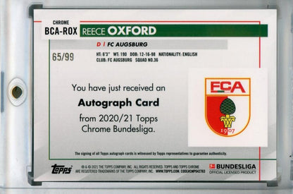 2020-21 Topps Chrome Bundesliga FC Augsburg Reece Oxford Green Parallel autograph card numbered 65 of 99