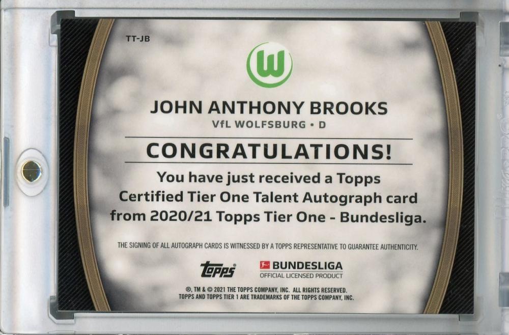 2020-21 Topps Tier One Bundesliga VfL Wolfsburg John Anthony Brooks autographed card number 066 out of 100
