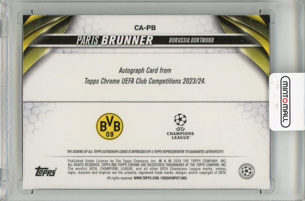 2023-24 TOPPS Chrome UEFA Club Competitions Paris Brunner Chrome Autographs #CAPB Borussia Dortmund