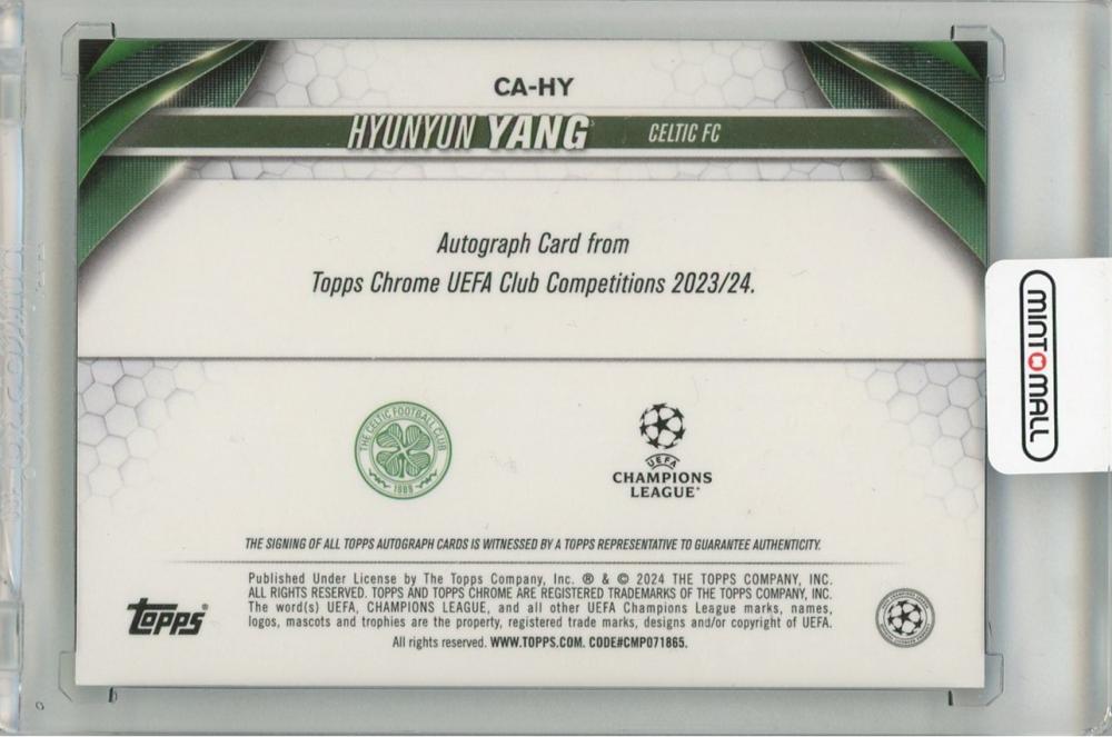 2023-24 TOPPS Chrome UEFA Club Competitions Hyunyun Yang Chrome Autographs Aqua Refractors #CAHY185/199 Celtic FC