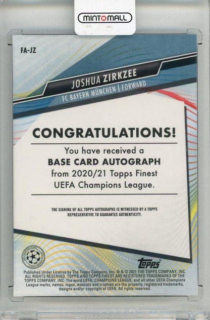 2020-21 TOPPS Finest UEFA Champions League Joshua Zirkzee Autographs #FAJZ FC Bayern Munchen