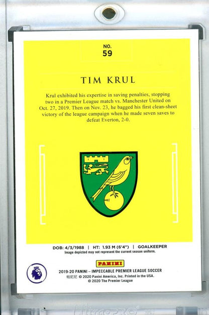2019-20 Panini Impeccable Premier League Norwich City Tim Krul Base Gold Parallel card serial 05 of 20