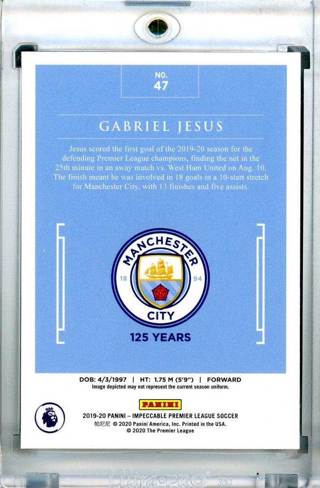 2019-20 Panini Impeccable Premier League Gabriel Jesus Base trading card numbered 21 out of 65 with minor stain on back
