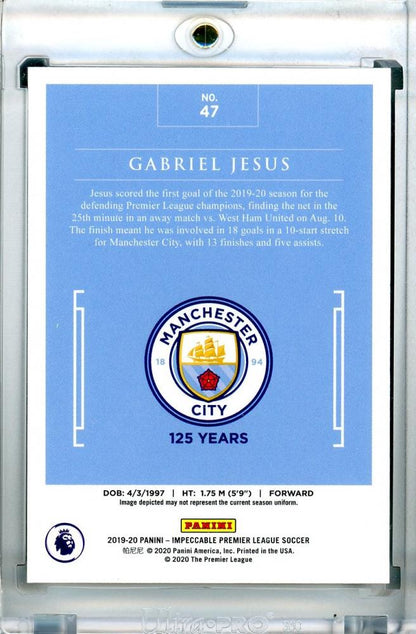 2019-20 Panini Impeccable Premier League Gabriel Jesus Base trading card numbered 21 out of 65 with minor stain on back