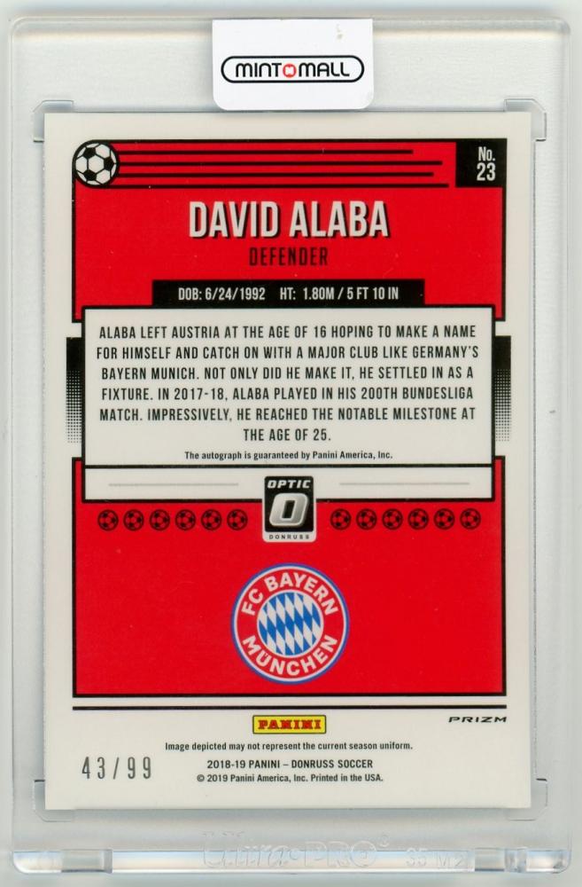 2018-19 PANINI Donruss Base Optic Autographs Blue Parallels David Alaba football card serial 43 out of 99