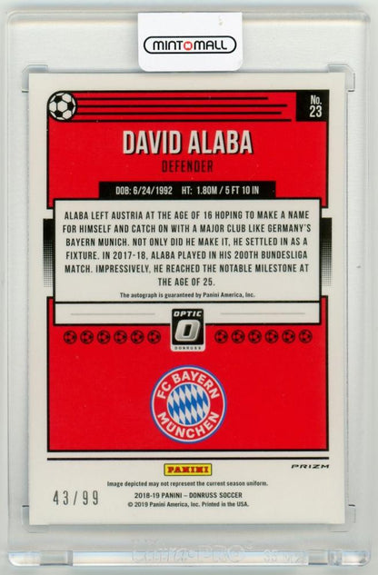 2018-19 PANINI Donruss Base Optic Autographs Blue Parallels David Alaba football card serial 43 out of 99