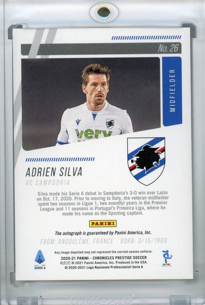 2020-21 Panini Chronicles UC Sampdoria Adrien Silva Prestige Serie A Xtra Points Autographs card serial 12 of 74