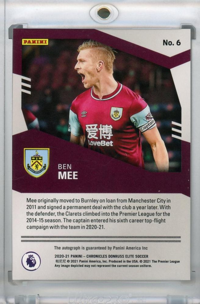 2020-21 Panini Chronicles Burnley Ben Mee Elite Premier League Autographs card numbered 485 of 500